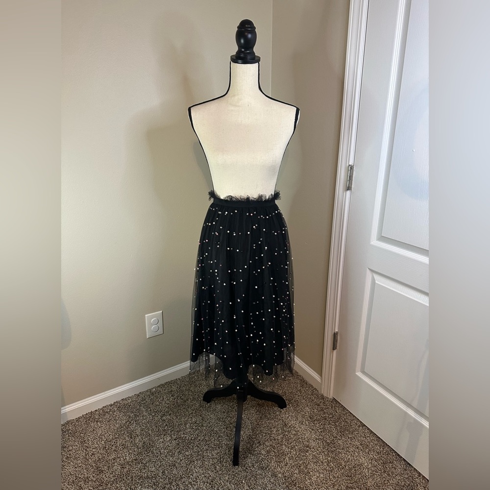 NWT Small Black A-line Skirt with Tulle Overlay Adorned in Stitched Pearls